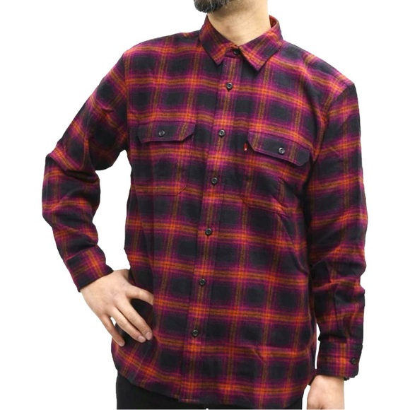 *SOLD* Levi's Classic Worker Overshirt Plaid Purple Orange Small Relaxed - Picture 3 of 13